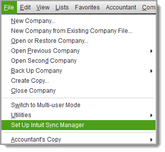 Go to the File menu and choose Set Up Intuit Sync Manager .