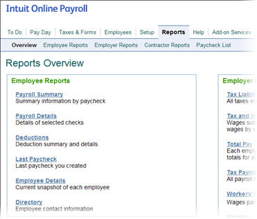 Intuit Online Payroll reports.